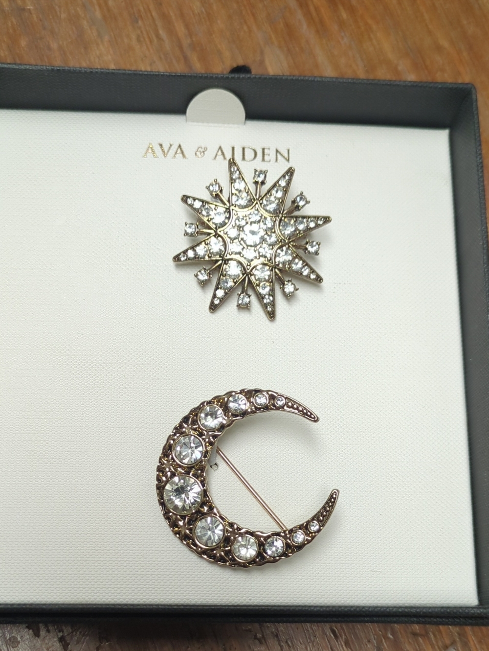 Ava & Aiden Gold-Tone Starburst and Crescent 2 Pk Pin Set with Clear Crystals